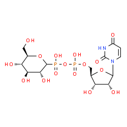 ChemSpider 2D Image | [[(2R,3S,4R)-5-(2,4-dioxopyrimidin-1-yl)-3,4-dihydroxy-tetrahydrofuran-2-yl]methoxy-hydroxy-phosphoryl]oxy-[(3R,4S,5S,6R)-3,4,5-trihydroxy-6-(hydroxymethyl)tetrahydropyran-2-yl]phosphinic acid | C15H24N2O16P2