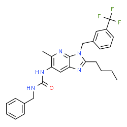 ChemSpider 2D Image | 1-Benzyl-3-{2-butyl-5-methyl-3-[3-(trifluoromethyl)benzyl]-3H-imidazo[4,5-b]pyridin-6-yl}urea | C27H28F3N5O