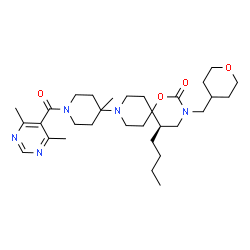 ChemSpider 2D Image | (5R)-5-Butyl-9-{1-[(4,6-dimethyl-5-pyrimidinyl)carbonyl]-4-methyl-4-piperidinyl}-3-(tetrahydro-2H-pyran-4-ylmethyl)-1-oxa-3,9-diazaspiro[5.5]undecan-2-one | C31H49N5O4