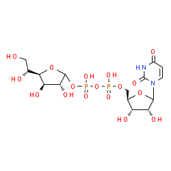 ChemSpider 2D Image | (3R,4R,5R)-5-[(1R)-1,2-Dihydroxyethyl]-3,4-dihydroxytetrahydro-2-furanyl [(2R,3S,4R)-5-(2,4-dioxo-3,4-dihydro-1(2H)-pyrimidinyl)-3,4-dihydroxytetrahydro-2-furanyl]methyl dihydrogen diphosphate (non-pr
eferred name) | C15H24N2O17P2