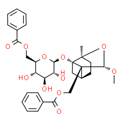 ChemSpider 2D Image | {(1S,3S,6S,8S,9S)-1-[(6-O-Benzoyl-beta-D-glucopyranosyl)oxy]-8-methoxy-6-methyl-7-oxatricyclo[4.3.0.0~3,9~]non-9-yl}methyl benzoate | C31H36O11