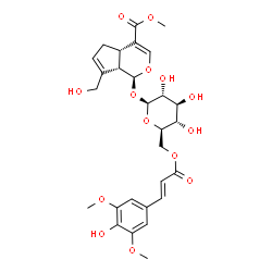 ChemSpider 2D Image | Methyl (1S,4aS,7aS)-1-({6-O-[(2E)-3-(4-hydroxy-3,5-dimethoxyphenyl)-2-propenoyl]-beta-D-glucopyranosyl}oxy)-7-(hydroxymethyl)-1,4a,5,7a-tetrahydrocyclopenta[c]pyran-4-carboxylate | C28H34O14