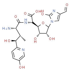 ChemSpider 2D Image | (2S)-{[(2S,3S,4S)-2-Amino-4-hydroxy-4-(5-hydroxy-2-pyridinyl)-3-methylbutanoyl]amino}[(2R,3S,4R)-5-(4-formyl-2-oxo-2,3-dihydro-1H-imidazol-1-yl)-3,4-dihydroxytetrahydro-2-furanyl]acetic acid (non-pref
erred name) | C20H25N5O10
