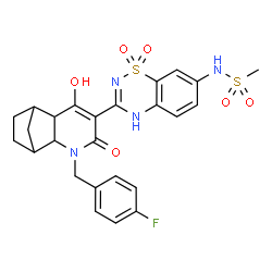 ChemSpider 2D Image | N-{3-[3-(4-Fluorobenzyl)-6-hydroxy-4-oxo-3-azatricyclo[6.2.1.0~2,7~]undec-5-en-5-yl]-1,1-dioxido-2H-1,2,4-benzothiadiazin-7-yl}methanesulfonamide | C25H25FN4O6S2