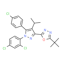 ChemSpider 2D Image | 2-[5-(4-Chlorophenyl)-1-(2,4-dichlorophenyl)-4-isopropyl-1H-pyrazol-3-yl]-5-(2-methyl-2-propanyl)-1,3,4-oxadiazole | C24H23Cl3N4O