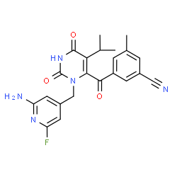 ChemSpider 2D Image | 3-({3-[(2-Amino-6-fluoro-4-pyridinyl)methyl]-5-isopropyl-2,6-dioxo-1,2,3,6-tetrahydro-4-pyrimidinyl}carbonyl)-5-methylbenzonitrile | C22H20FN5O3
