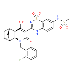 ChemSpider 2D Image | N-{3-[(1R,2S,7R,8S)-3-(2-Fluorobenzyl)-6-hydroxy-4-oxo-3-azatricyclo[6.2.1.0~2,7~]undec-5-en-5-yl]-1,1-dioxido-2H-1,2,4-benzothiadiazin-7-yl}methanesulfonamide | C25H25FN4O6S2