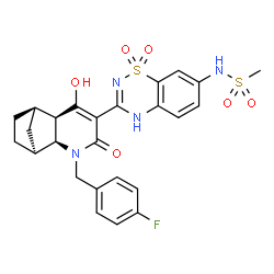 ChemSpider 2D Image | N-{3-[(1S,2S,7R,8R)-3-(4-Fluorobenzyl)-6-hydroxy-4-oxo-3-azatricyclo[6.2.1.0~2,7~]undec-5-en-5-yl]-1,1-dioxido-2H-1,2,4-benzothiadiazin-7-yl}methanesulfonamide | C25H25FN4O6S2