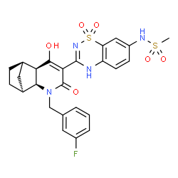 ChemSpider 2D Image | N-{3-[(1S,2S,7R,8R)-3-(3-Fluorobenzyl)-6-hydroxy-4-oxo-3-azatricyclo[6.2.1.0~2,7~]undec-5-en-5-yl]-1,1-dioxido-2H-1,2,4-benzothiadiazin-7-yl}methanesulfonamide | C25H25FN4O6S2