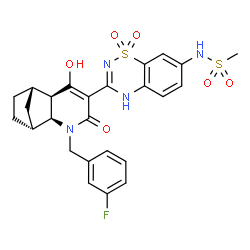 ChemSpider 2D Image | N-{3-[(1R,2S,7R,8S)-3-(3-Fluorobenzyl)-6-hydroxy-4-oxo-3-azatricyclo[6.2.1.0~2,7~]undec-5-en-5-yl]-1,1-dioxido-2H-1,2,4-benzothiadiazin-7-yl}methanesulfonamide | C25H25FN4O6S2