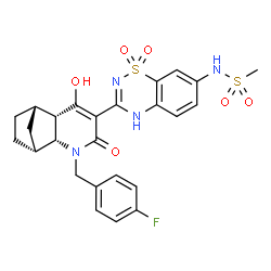 ChemSpider 2D Image | N-{3-[(1R,2R,7S,8S)-3-(4-Fluorobenzyl)-6-hydroxy-4-oxo-3-azatricyclo[6.2.1.0~2,7~]undec-5-en-5-yl]-1,1-dioxido-2H-1,2,4-benzothiadiazin-7-yl}methanesulfonamide | C25H25FN4O6S2
