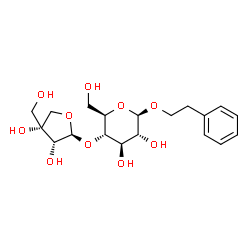 ChemSpider 2D Image | 2-Phenylethyl 4-O-[(2S,3R,4R)-3,4-dihydroxy-4-(hydroxymethyl)tetrahydro-2-furanyl]-beta-D-glucopyranoside | C19H28O10