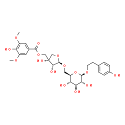 ChemSpider 2D Image | 2-(4-Hydroxyphenyl)ethyl 6-O-[(2R,3R,4S)-3,4-dihydroxy-4-{[(4-hydroxy-3,5-dimethoxybenzoyl)oxy]methyl}tetrahydro-2-furanyl]-beta-D-glucopyranoside | C28H36O15