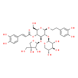 ChemSpider 2D Image | 2-(3,4-Dihydroxyphenyl)ethyl 3-O-[(2S,3R,4R)-3,4-dihydroxy-4-(hydroxymethyl)tetrahydro-2-furanyl]-4-O-[(2E)-3-(3,4-dihydroxyphenyl)-2-propenoyl]-2-O-beta-D-xylopyranosyl-beta-D-glucopyranoside | C33H42O19