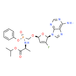 ChemSpider 2D Image | Isopropyl N-[({[(2R,5R)-5-(6-amino-9H-purin-9-yl)-4-fluoro-2,5-dihydro-2-furanyl]oxy}methyl)(phenoxy)phosphoryl]-L-alaninate | C22H26FN6O6P