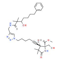 ChemSpider 2D Image | Methyl (3S)-3-hydroxy-3-[6-(4-{[(3-hydroxy-2,2-dimethyl-7-phenylheptanoyl)amino]methyl}-1H-1,2,3-triazol-1-yl)-1-hexyn-1-yl]-2-(hydroxymethyl)-4,4-dimethyl-5-oxo-D-prolinate | C33H47N5O7