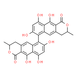 ChemSpider 2D Image | 7,7',9,9',10,10'-Hexahydroxy-3,3'-dimethyl-3,3',4,4'-tetrahydro-1H,1'H-6,6'-bibenzo[g]isochromene-1,1'-dione | C28H22O10