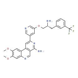 ChemSpider 2D Image | 2-(5-{(2R)-2-Amino-3-[3-(trifluoromethyl)phenyl]propoxy}-3-pyridinyl)-8,9-dimethoxybenzo[c][2,7]naphthyridin-4-amine | C29H26F3N5O3