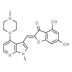 ChemSpider 2D Image | (2Z)-4,6-Dihydroxy-2-{[1-methyl-4-(4-methyl-1-piperazinyl)-1H-pyrrolo[2,3-b]pyridin-3-yl]methylene}-1-benzofuran-3(2H)-one | C22H22N4O4
