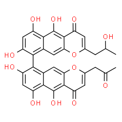 ChemSpider 2D Image | 5,5',6,6',8,8'-Hexahydroxy-2-(2-hydroxypropyl)-2'-(2-oxopropyl)-4H,4'H-9,9'-bibenzo[g]chromene-4,4'-dione | C32H24O12