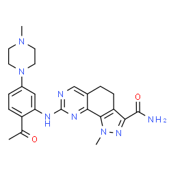 ChemSpider 2D Image | 8-{[2-Acetyl-5-(4-methyl-1-piperazinyl)phenyl]amino}-1-methyl-4,5-dihydro-1H-pyrazolo[4,3-h]quinazoline-3-carboxamide | C24H28N8O2
