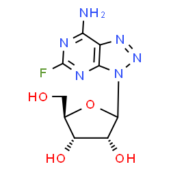 ChemSpider 2D Image | 5-Fluoro-3-(D-ribofuranosyl)-3H-[1,2,3]triazolo[4,5-d]pyrimidin-7-amine | C9H11FN6O4