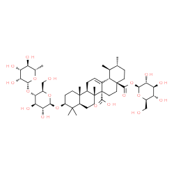ChemSpider 2D Image | 1-O-[(3beta)-3-{[4-O-(6-Deoxy-beta-L-mannopyranosyl)-beta-D-glucopyranosyl]oxy}-27-hydroxy-27,28-dioxours-12-en-28-yl]-beta-D-glucopyranose | C48H76O19