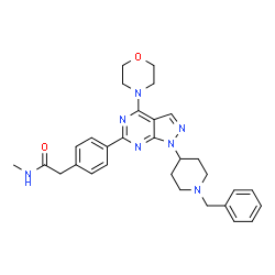 ChemSpider 2D Image | 2-{4-[1-(1-Benzyl-4-piperidinyl)-4-(4-morpholinyl)-1H-pyrazolo[3,4-d]pyrimidin-6-yl]phenyl}-N-methylacetamide | C30H35N7O2