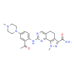 ChemSpider 2D Image | 8-{[2-Acetyl-4-(4-methyl-1-piperazinyl)phenyl]amino}-1-methyl-4,5-dihydro-1H-pyrazolo[4,3-h]quinazoline-3-carboxamide | C24H28N8O2