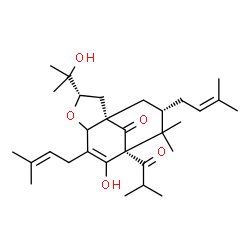 ChemSpider 2D Image | (1S,3S,8S,10S)-7-Hydroxy-3-(2-hydroxy-2-propanyl)-8-isobutyryl-9,9-dimethyl-6,10-bis(3-methyl-2-buten-1-yl)-4-oxatricyclo[6.3.1.0~1,5~]dodec-6-en-12-one | C30H46O5