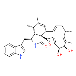 ChemSpider 2D Image | (3S,3aR,4S,6aS,7E,10S,11E,13R,14S,15E,17aS)-13,14-Dihydroxy-3-(1H-indol-3-ylmethyl)-4,5,10,12-tetramethyl-3,3a,4,6a,9,10,13,14-octahydro-1H-cyclotrideca[d]isoindole-1,17(2H)-dione | C32H38N2O4