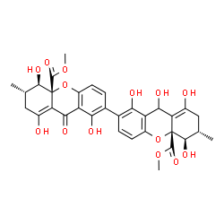 ChemSpider 2D Image | Dimethyl (5R,5'R,6S,6'S,10aR,10a'R)-1,1',5,5',8,8',9-heptahydroxy-6,6'-dimethyl-9'-oxo-5,5',6,6',7,7',9,9'-octahydro-10aH,10a'H-2,2'-bixanthene-10a,10a'-dicarboxylate | C32H32O14