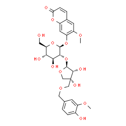 ChemSpider 2D Image | 6-Methoxy-2-oxo-2H-chromen-7-yl 2-O-[(2S,3R,4R)-3,4-dihydroxy-4-{[(4-hydroxy-3-methoxybenzyl)oxy]methyl}tetrahydro-2-furanyl]-beta-D-glucopyranoside | C29H34O15