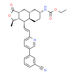 ChemSpider 2D Image | Ethyl [(1R,3aR,4aR,6R,8aR,9S,9aS)-9-{(E)-2-[5-(3-cyanophenyl)-2-pyridinyl]vinyl}-1-methyl-3-oxododecahydronaphtho[2,3-c]furan-6-yl]carbamate | C30H33N3O4