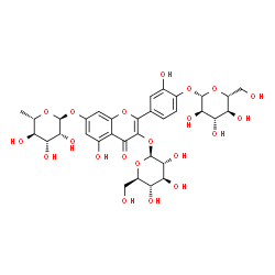 ChemSpider 2D Image | 4-{7-[(6-Deoxy-alpha-L-mannopyranosyl)oxy]-3-(beta-D-glucopyranosyloxy)-5-hydroxy-4-oxo-4H-chromen-2-yl}-2-hydroxyphenyl beta-D-glucopyranoside | C33H40O21