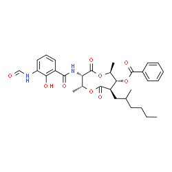 ChemSpider 2D Image | (2R,3S,6S,7R,8R)-3-[(3-Formamido-2-hydroxybenzoyl)amino]-2,6-dimethyl-8-(2-methylhexyl)-4,9-dioxo-1,5-dioxonan-7-yl benzoate | C31H38N2O9