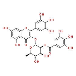 ChemSpider 2D Image | 5,7-Dihydroxy-4-oxo-2-(3,4,5-trihydroxyphenyl)-4H-chromen-3-yl 6-deoxy-2-O-(3,4,5-trihydroxybenzoyl)-alpha-D-mannopyranoside | C28H24O16