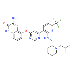 ChemSpider 2D Image | 3-Amino-5-({6-[2-{[(1-isobutyl-2-piperidinyl)methyl]amino}-6-(trifluoromethyl)-3-pyridinyl]-4-pyrimidinyl}oxy)-2(1H)-quinoxalinone | C28H31F3N8O2