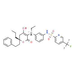 ChemSpider 2D Image | N-{3-[(1R)-1-[(6R)-4-Hydroxy-2-oxo-6-(2-phenylethyl)-6-propyl-5,6-dihydro-2H-pyran-3-yl](1-~14~C)propyl]phenyl}-5-(trifluoromethyl)-2-pyridinesulfonamide | C3014CH33F3N2O5S