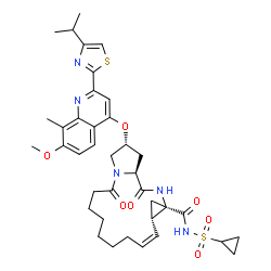 ChemSpider 2D Image | (2R,12Z,13aS,14aR,16aS)-N-(Cyclopropylsulfonyl)-1,2,3,6,7,8,9,10,11,13a,14,15,16,16a-tetradecahydro-2-[[7-methoxy-8-methyl-2-[4-(1-methylethyl)-2-thiazolyl]-4-quinolinyl]oxy]-5,16-dioxocyclopropa[e]pyrrolo[1,2-a][1,4]diazacyclopentadecine-14a(5H)-carboxamide | C38H47N5O7S2