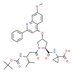 ChemSpider 2D Image | 1-({(4R)-4-[(7-Methoxy-2-phenyl-4-quinolinyl)oxy]-1-[(3R)-4-methyl-3-({[(2-methyl-2-propanyl)oxy]carbonyl}amino)pentanoyl]-L-prolyl}amino)cyclopropanecarboxylic acid | C36H44N4O8