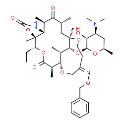 ChemSpider 2D Image | (1S,2R,5R,6S,10R,11R,13R,15R,19Z,22S,23R)-19-[(Benzyloxy)imino]-5-ethyl-2,6,11,13,15,22-hexamethyl-3,8,12-trioxo-4,7,16,21-tetraoxa-9-azatricyclo[13.6.2.0~6,10~]tricos-23-yl 3,4,6-trideoxy-3-(dimethyl
amino)-beta-D-xylo-hexopyranoside | C41H63N3O11
