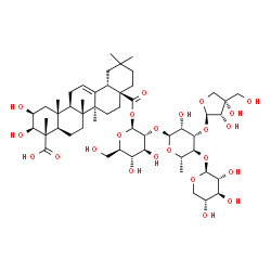 ChemSpider 2D Image | beta-D-Xylopyranosyl-(1->4)-6-deoxy-3-O-[(2R,3S,4S)-3,4-dihydroxy-4-(hydroxymethyl)tetrahydro-2-furanyl]-alpha-L-mannopyranosyl-(1->2)-1-O-[(2beta,3beta)-2,3,23-trihydroxy-23,28-dioxoolean-12-en-28-yl
]-beta-D-glucopyranose | C52H82O23