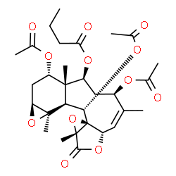 ChemSpider 2D Image | (1R,2S,4S,4aR,5S,7R,8Z,9aS,11aR,12aR,13S,13aS)-4,7,13-Triacetoxy-1,4a,8,11a-tetramethyl-11-oxo-2,3,4,4a,5,6,7,9a,11,11a,13,13a-dodecahydro-1H-1,2-epoxybenzo[4,5]cyclodeca[1,2-b]oxireno[c]furan-5-yl bu
tyrate | C30H40O12