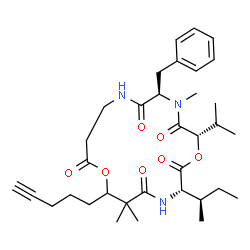 ChemSpider 2D Image | (2S,5R,16S)-5-Benzyl-16-[(2R)-2-butanyl]-2-isopropyl-4,13,13-trimethyl-12-(4-pentyn-1-yl)-1,11-dioxa-4,7,15-triazacycloheptadecane-3,6,10,14,17-pentone | C34H49N3O7