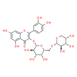 ChemSpider 2D Image | 2-(3,4-Dihydroxyphenyl)-5,7-dihydroxy-4-oxo-4H-chromen-3-yl 6-O-alpha-L-arabinopyranosyl-beta-D-galactopyranoside | C26H28O16