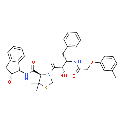 ChemSpider 2D Image | (4R)-N-[(1S,2R)-2-Hydroxy-2,3-dihydro-1H-inden-1-yl]-3-[(2S,3S)-2-hydroxy-3-{[(3-methylphenoxy)acetyl]amino}-4-phenylbutanoyl]-5,5-dimethyl-1,3-thiazolidine-4-carboxamide | C34H39N3O6S