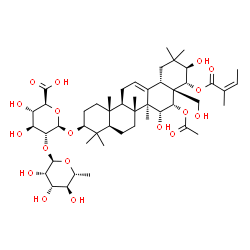 ChemSpider 2D Image | (3beta,15alpha,16alpha,21beta,22alpha)-16-Acetoxy-15,21,28-trihydroxy-22-{[(2Z)-2-methyl-2-butenoyl]oxy}olean-12-en-3-yl 2-O-(6-deoxy-alpha-D-mannopyranosyl)-beta-D-glucopyranosiduronic acid | C49H76O18