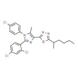 ChemSpider 2D Image | 2-[1-(4-Chlorophenyl)-2-(2,4-dichlorophenyl)-5-methyl-1H-imidazol-4-yl]-5-(2-hexanyl)-1,3,4-oxadiazole | C24H23Cl3N4O