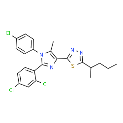 ChemSpider 2D Image | 2-[1-(4-Chlorophenyl)-2-(2,4-dichlorophenyl)-5-methyl-1H-imidazol-4-yl]-5-(2-pentanyl)-1,3,4-thiadiazole | C23H21Cl3N4S